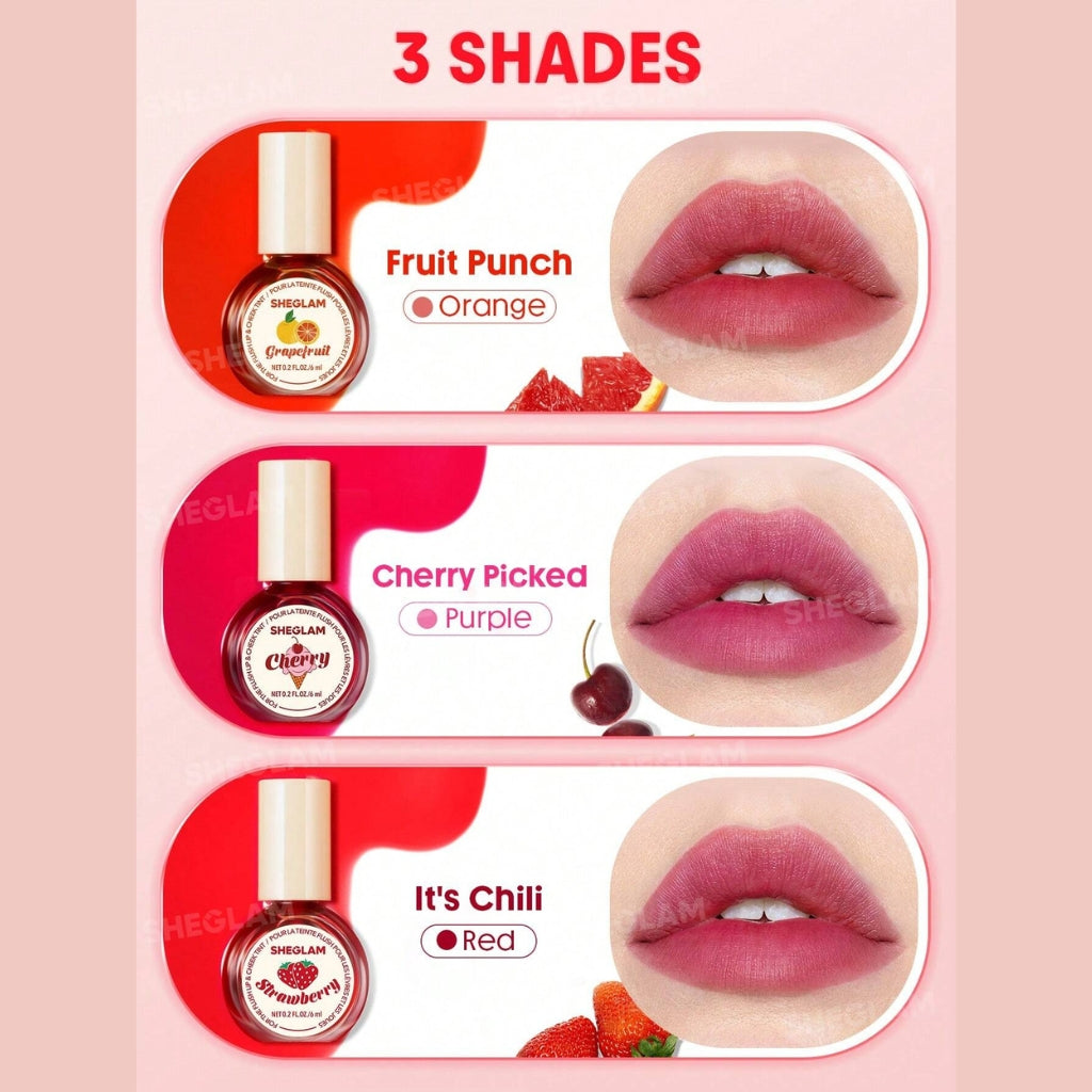 SHEGLAM For the Flush Lip & Cheek Tint, warm rosy-pink liquid tint in a sleek tube for lips and cheeks on a clean background.
