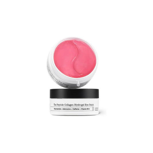 COSRX Peptide Collagen Hydrogel Eye Patch jar with 60 pink eye patches for puffiness, fine lines and dark circles.
