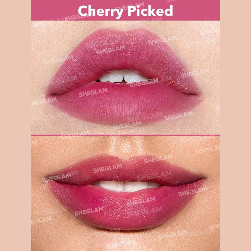 SHEGLAM For The Flush Lip & Cheek Tint – Cherry Picked, vibrant cherry-pink liquid tint in a sleek tube for lips and cheeks on a clean background.
