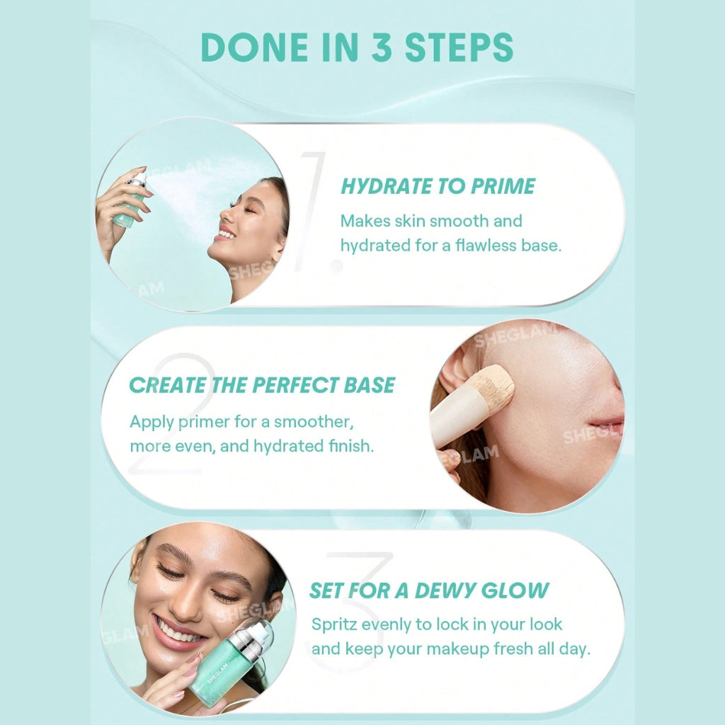SHEGLAM Good Grip Hydrating Prime & Set Spray, yellow hydrating jelly-like makeup primer and setting mist in a sleek bottle on a clean background.
