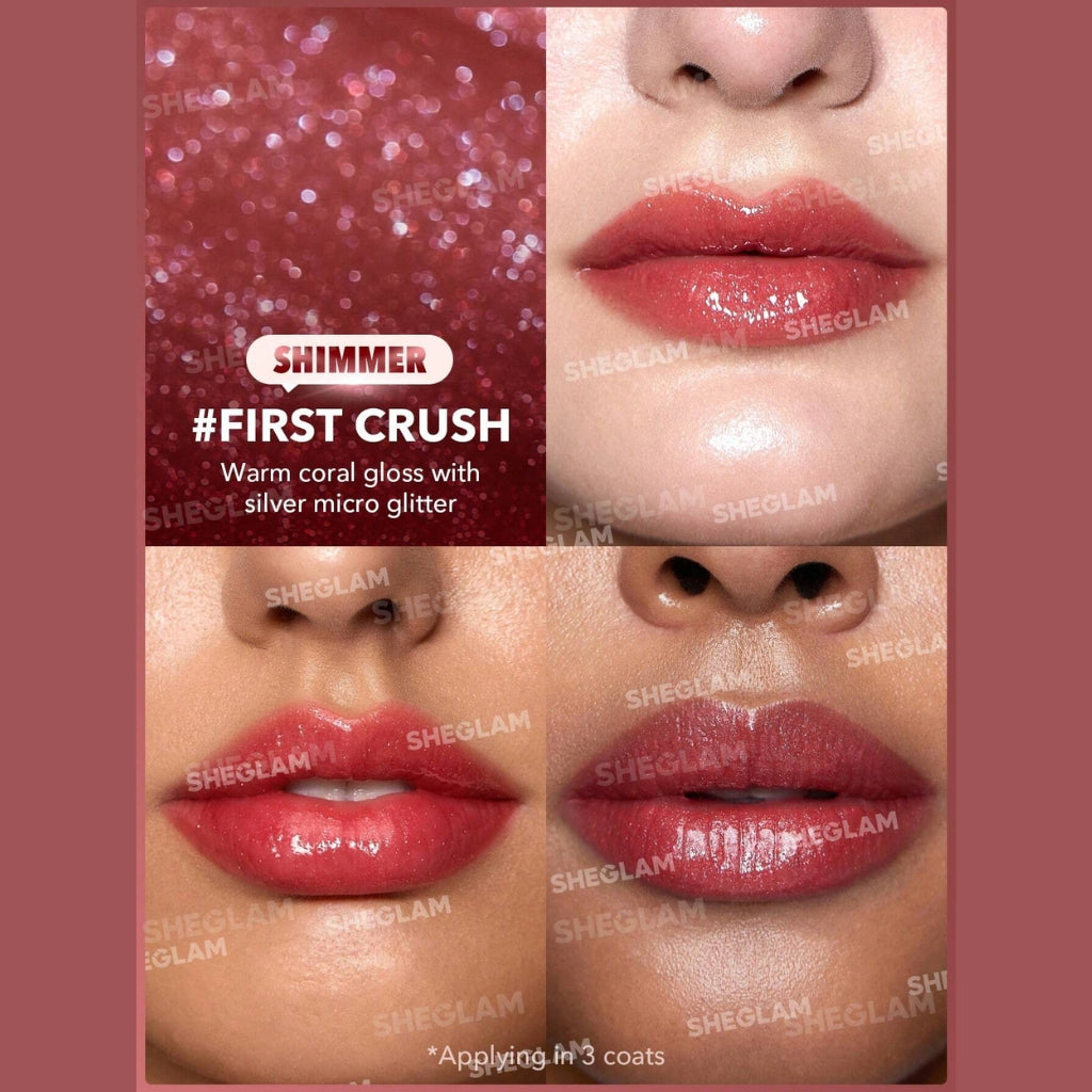 SHEGLAM Pout-Perfect Shimmer Lip Plumper in First Crush, solid glitter lip gloss stick on a clean background.
