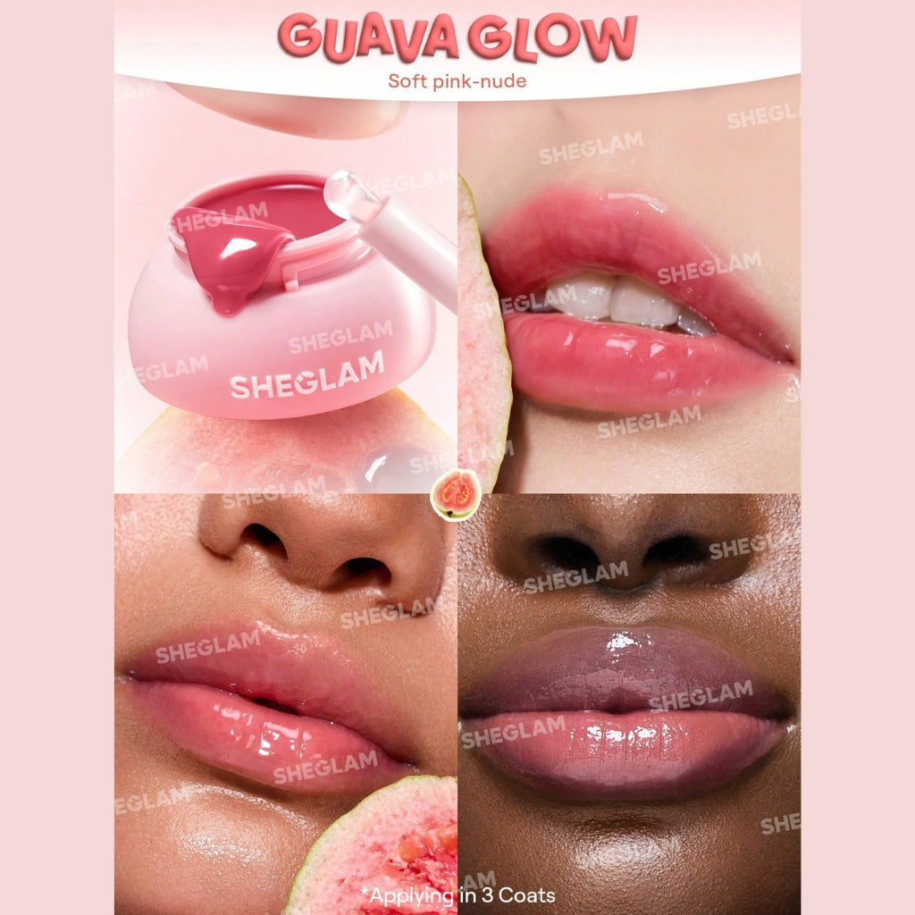 SHEGLAM Hydra Jelly Pocket Lip Jam – Guava Glow, soft guava-pink jelly lip balm in a compact tube with a glossy finish on a clean background.

