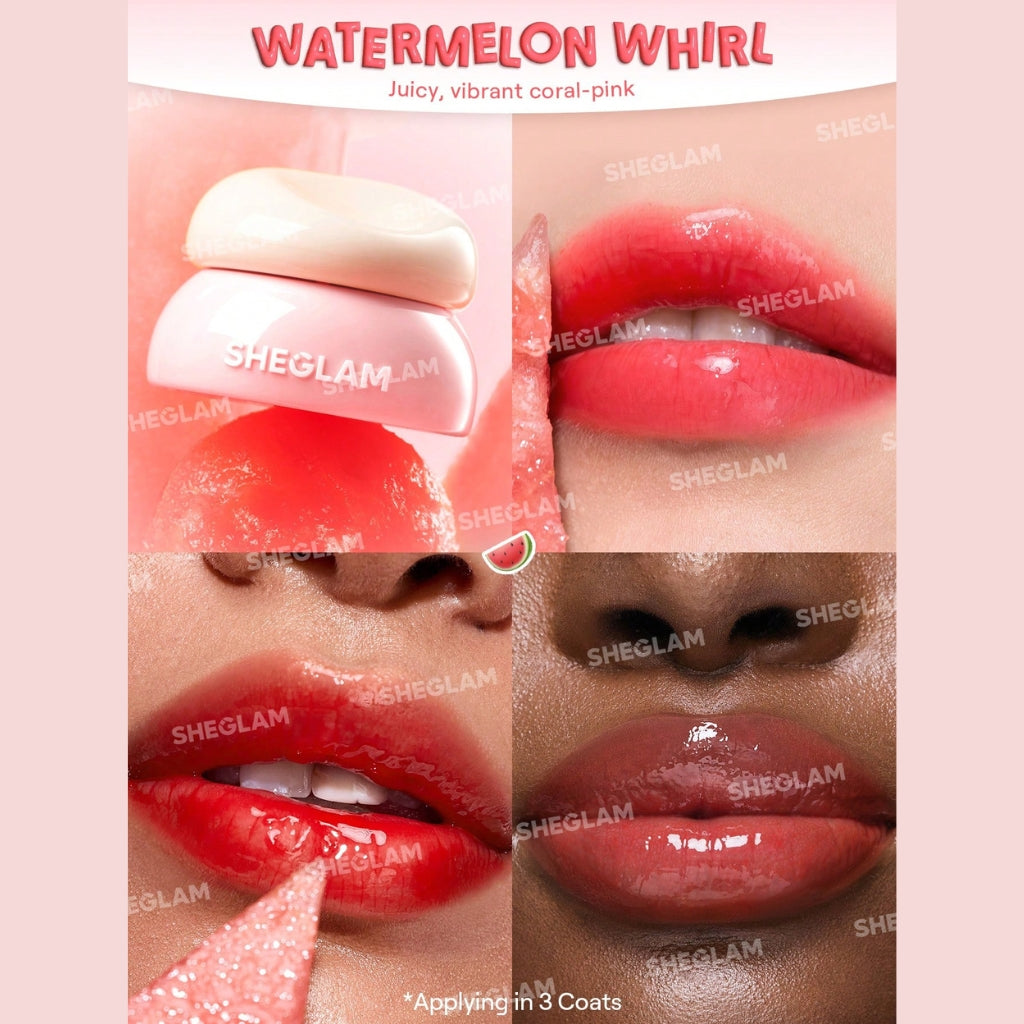 SHEGLAM Hydra Jelly Pocket Lip Jam – Watermelon Whirl, watermelon-pink jelly lip balm in a compact tube with a juicy, glossy finish on a clean background.
