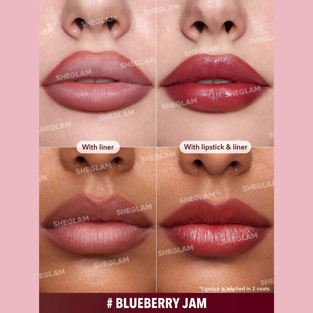 SHEGLAM Glam 101 Sheer Tinted Lipstick & Liner Duo – Blueberry Jam, glossy sheer berry lip colour with matching liner on a clean background.
