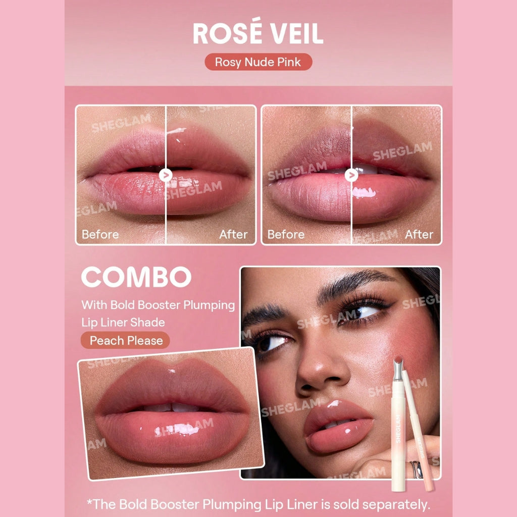 SHEGLAM Bold Booster Lip Plumper Rose Veil glossy plumping lip gloss with sheer rosy shine
