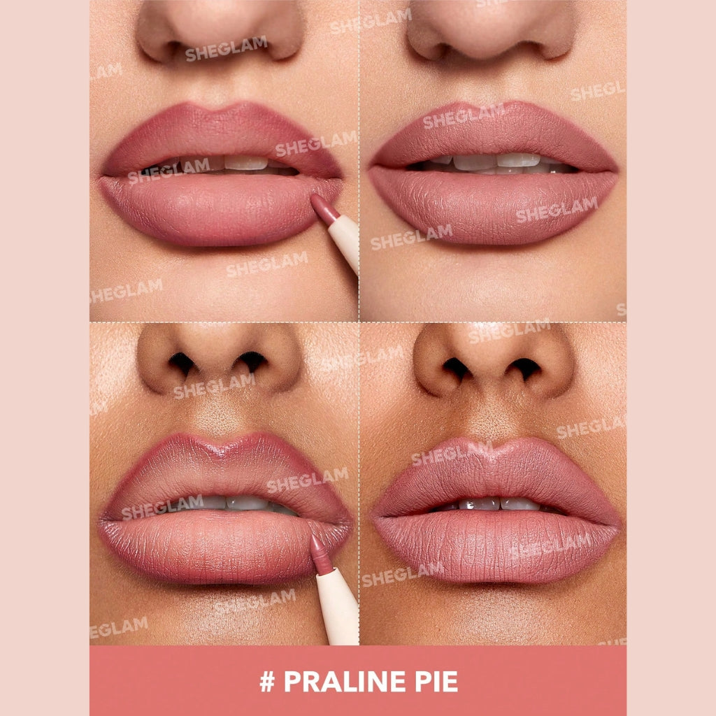 SHEGLAM Glam 101 Lipstick & Liner Duo – Praline Pie, matte nude-brown lipstick and matching lip liner duo on a clean background.
