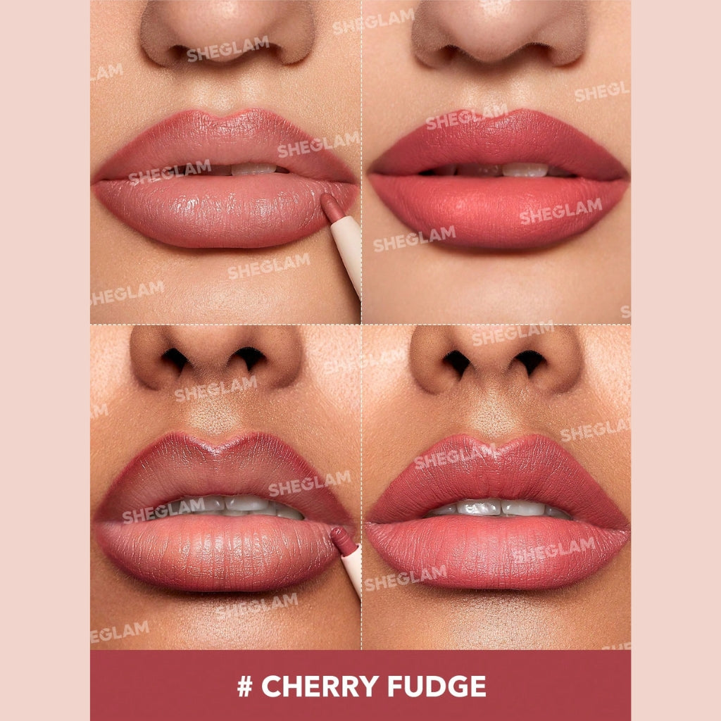 SHEGLAM Glam 101 Lipstick & Liner Duo – Cherry Fudge, matte cherry-red lipstick and matching lip liner duo on a clean background.
