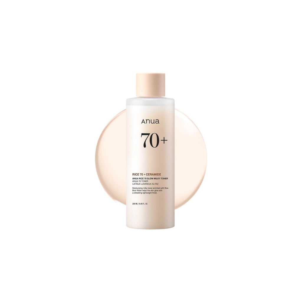 Anua Rice 70 Glow Milky Toner 250ml - Korean milky toner with 71% rice bran water and niacinamide for hydration, glow and oil balance.
