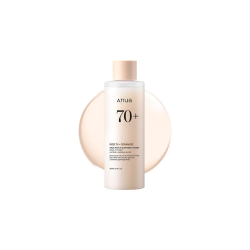 Anua Rice 70 Glow Milky Toner 250ml - Korean milky toner with 71% rice bran water and niacinamide for hydration, glow and oil balance.
