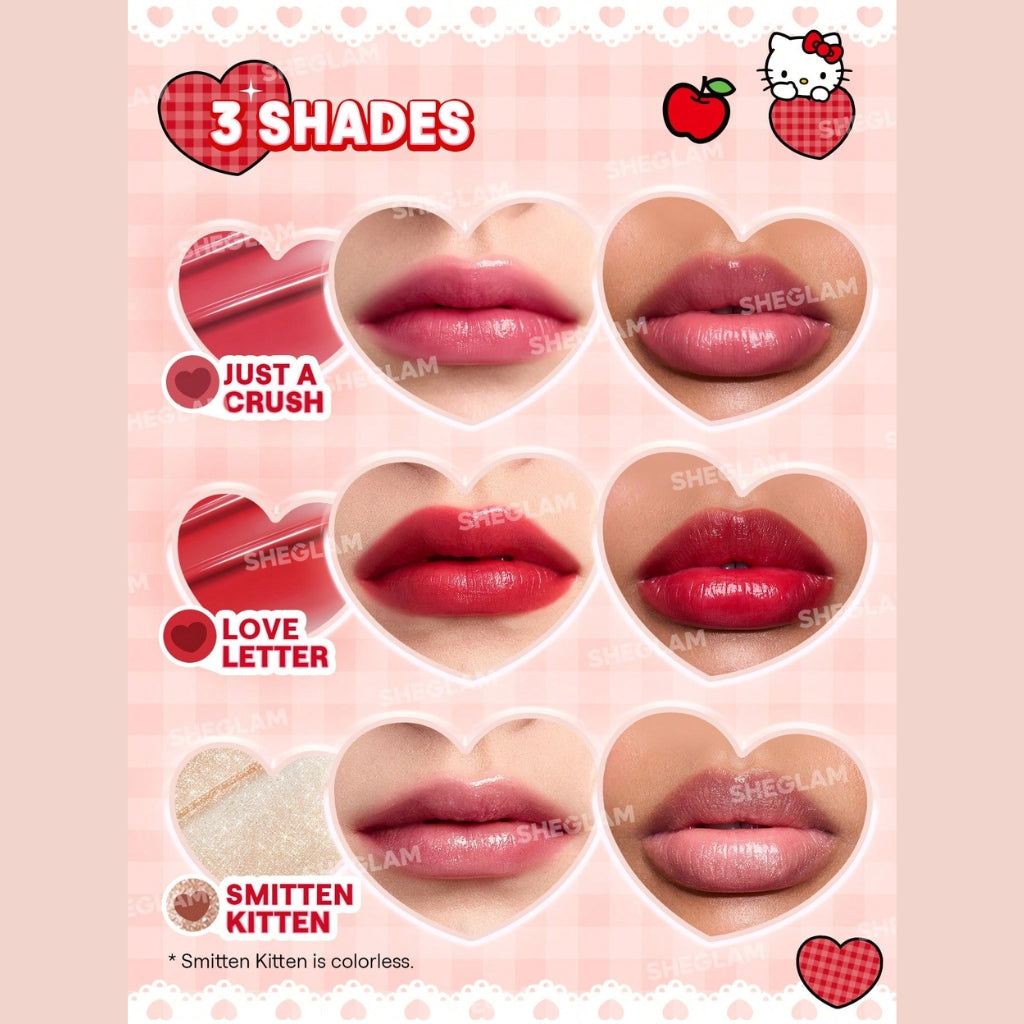Hello Kitty x SHEGLAM Be My Baby Hydrating Lipstick in Love Letter shade with heart-core bullet and cute ring detail.

