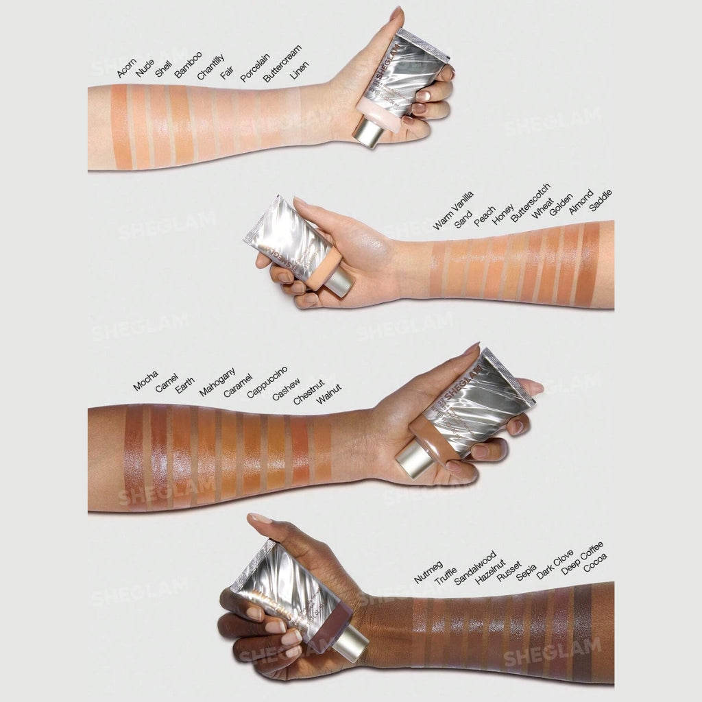 SHEGLAM Dew & Done Skin Tint with SPF20 in Almond shade, dewy light-to-medium coverage skin tint tube on a clean background.

