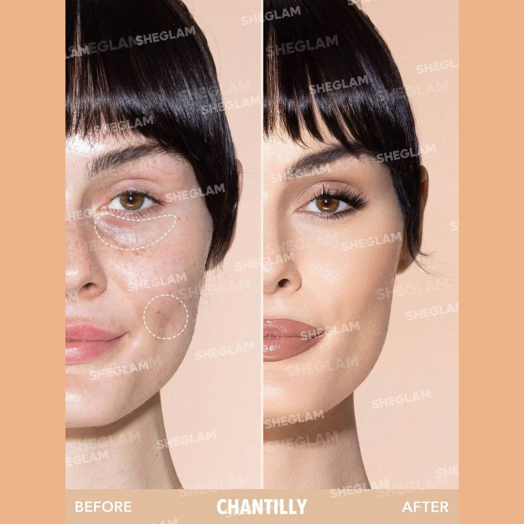 SHEGLAM Complexion Boost Concealer - Chantilly with sponge-tip applicator, high-coverage concealer packshot on a clean white background.
