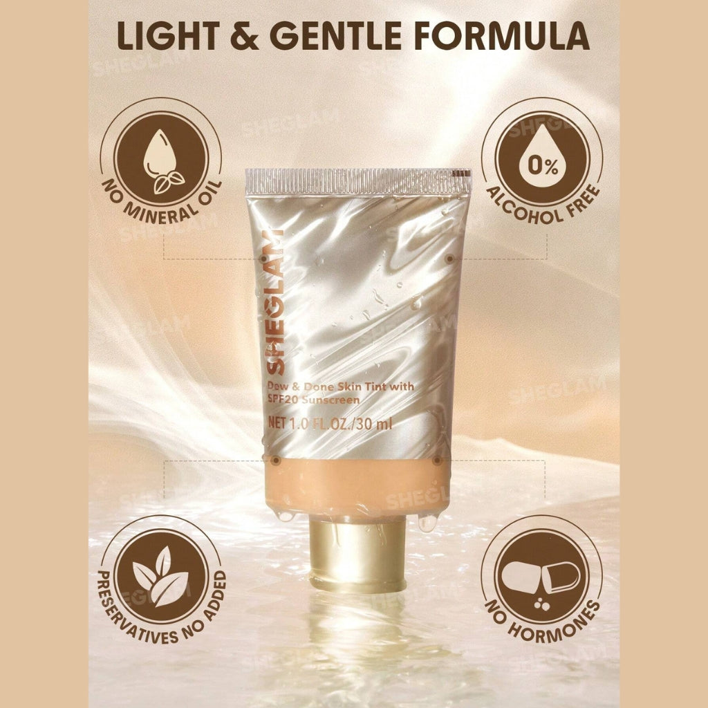 SHEGLAM Dew & Done Skin Tint with SPF20 in Almond shade, dewy light-to-medium coverage skin tint tube on a clean background.
