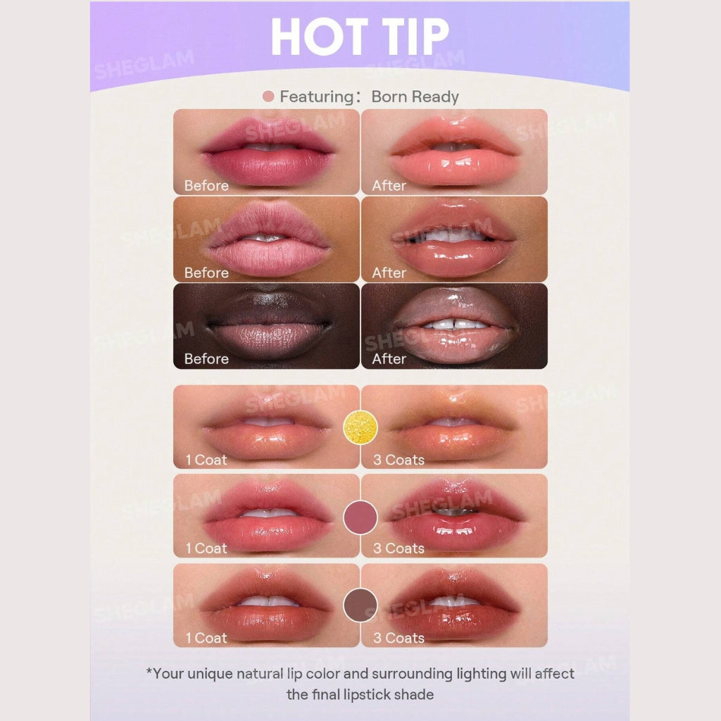Close-up of SHEGLAM Glass Lock Air Gloss. Transfer-resistant lip gloss with glass-like mirror shine, hydrating water-based texture, and self-sealing film for long-lasting, non-sticky glossy lips.
