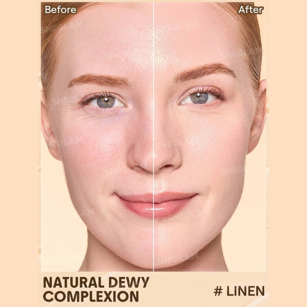 SHEGLAM Dew & Done Skin Tint with SPF20 in Linen shade, dewy light-to-medium coverage skin tint tube on a clean background.
