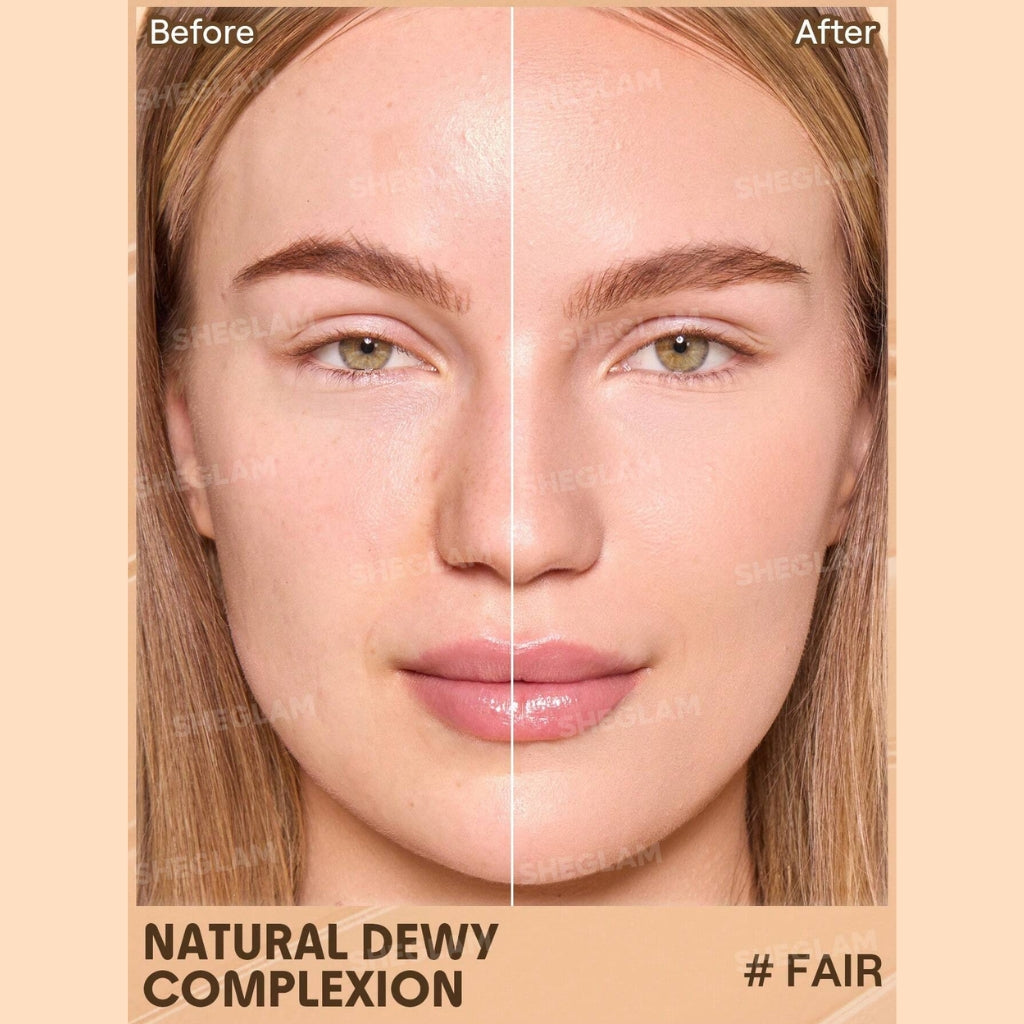 SHEGLAM Dew & Done Skin Tint with SPF20 in Fair shade, dewy light-to-medium coverage skin tint tube on a clean background.

