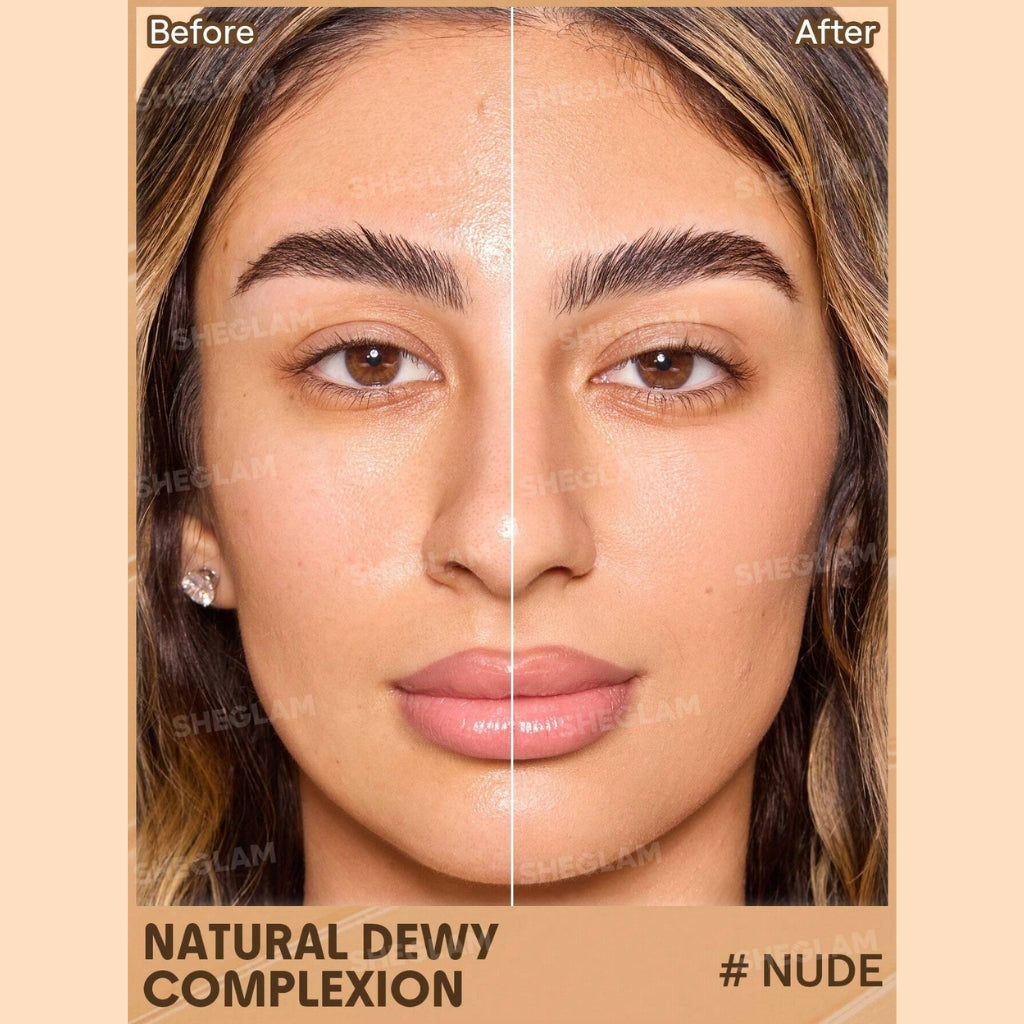 SHEGLAM Dew & Done Skin Tint with SPF20 in Nude shade, dewy light-to-medium coverage skin tint tube on a clean background.
