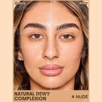 SHEGLAM Dew & Done Skin Tint with SPF20 in Nude shade, dewy light-to-medium coverage skin tint tube on a clean background.
