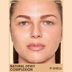 SHEGLAM Dew & Done Skin Tint with SPF20 in Shell shade, dewy light-to-medium coverage skin tint tube on a clean background.
