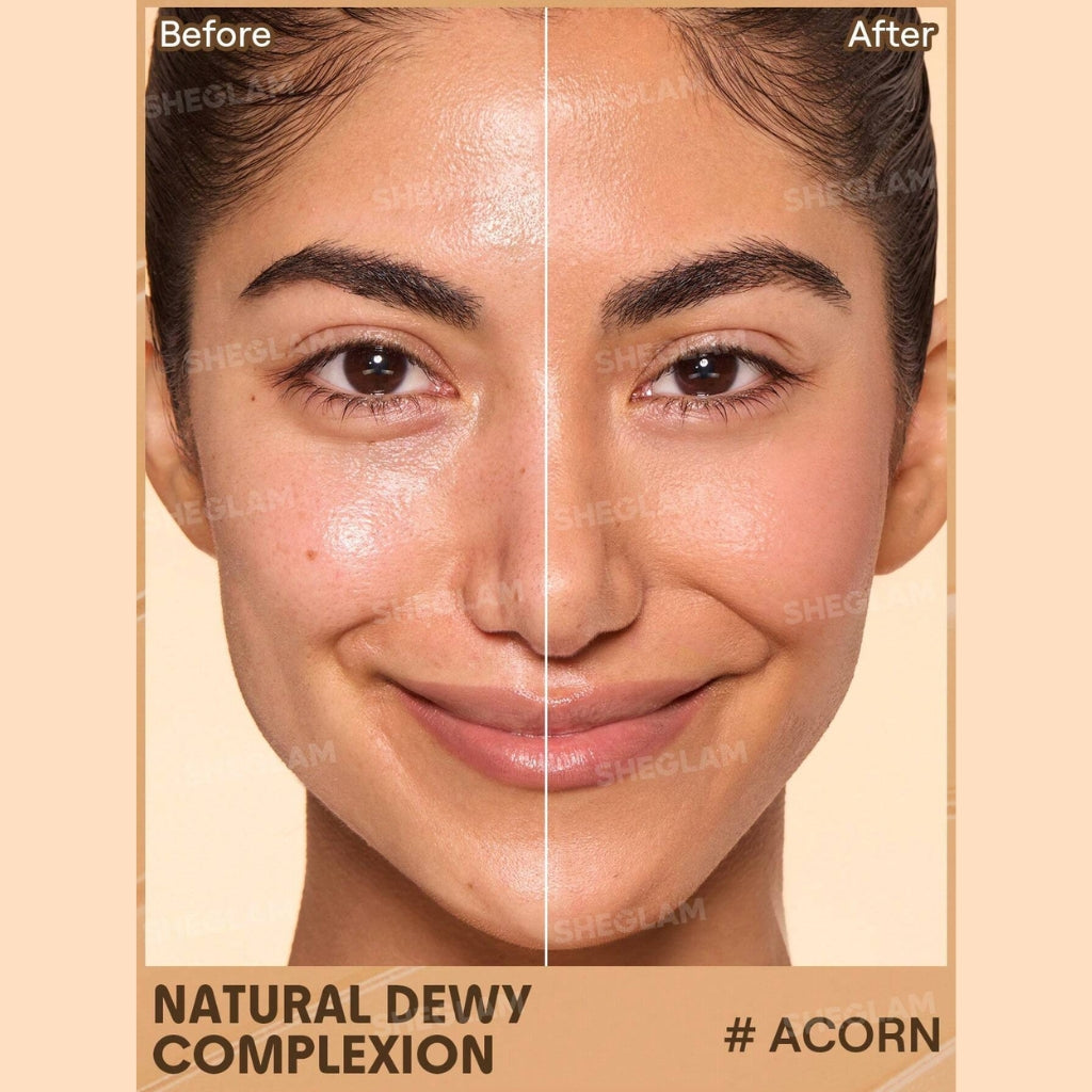 SHEGLAM Dew & Done Skin Tint with SPF20 in Acorn shade, dewy light-to-medium coverage skin tint tube on a clean background.
