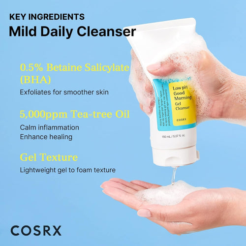 COSRX Low pH Good Morning Gel Cleanser 150ml Korean low-pH gel face wash for gentle daily cleansing and balanced skin.
