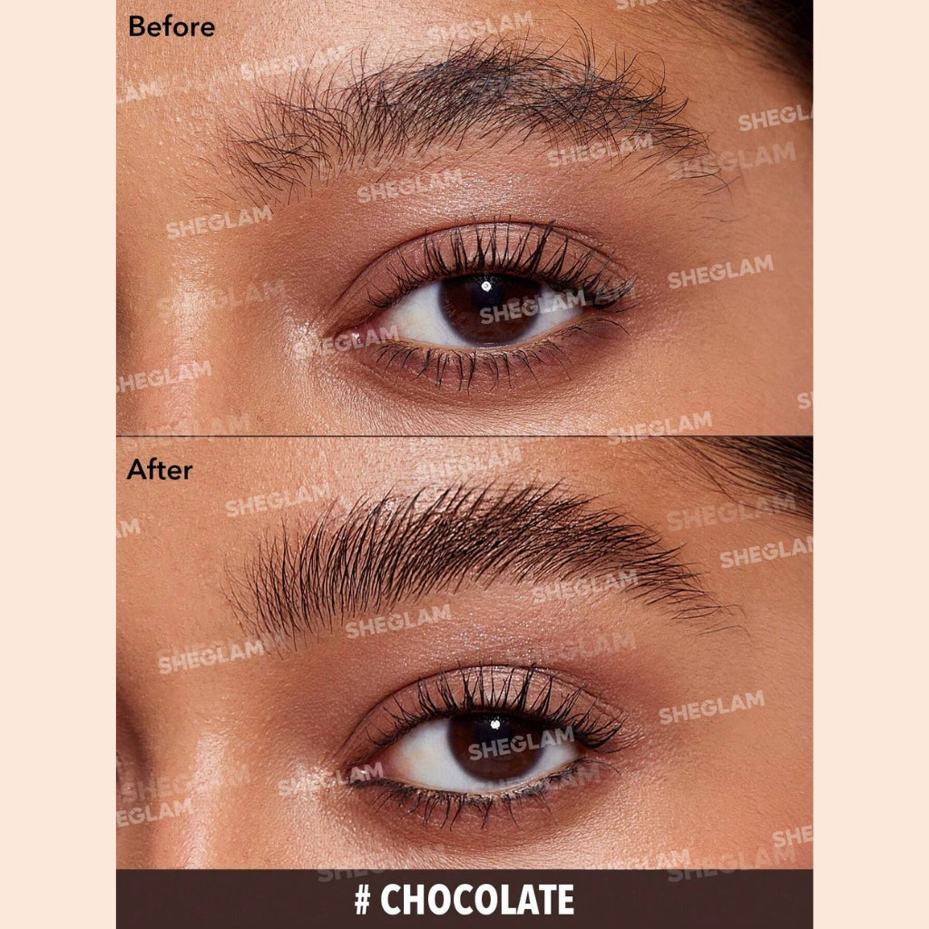 SHEGLAM Hold 'Em Up Tinted Brow Gel in Chocolate shade, tinted brow gel tube with spoolie applicator for shaping and setting brows.
