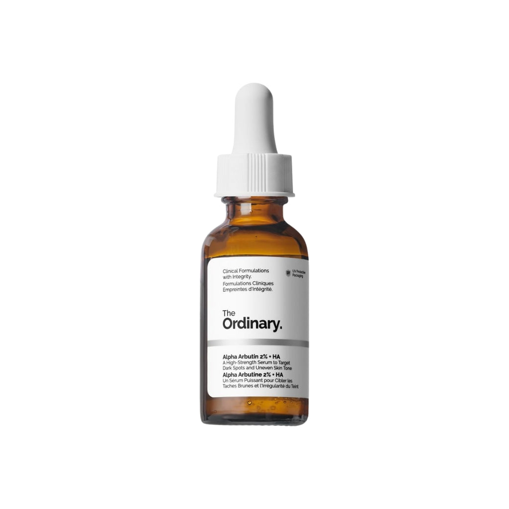 The Ordinary Alpha Arbutin 2% + HA Serum 30ml bottle, water-based brightening serum for dark spots and uneven skin tone
