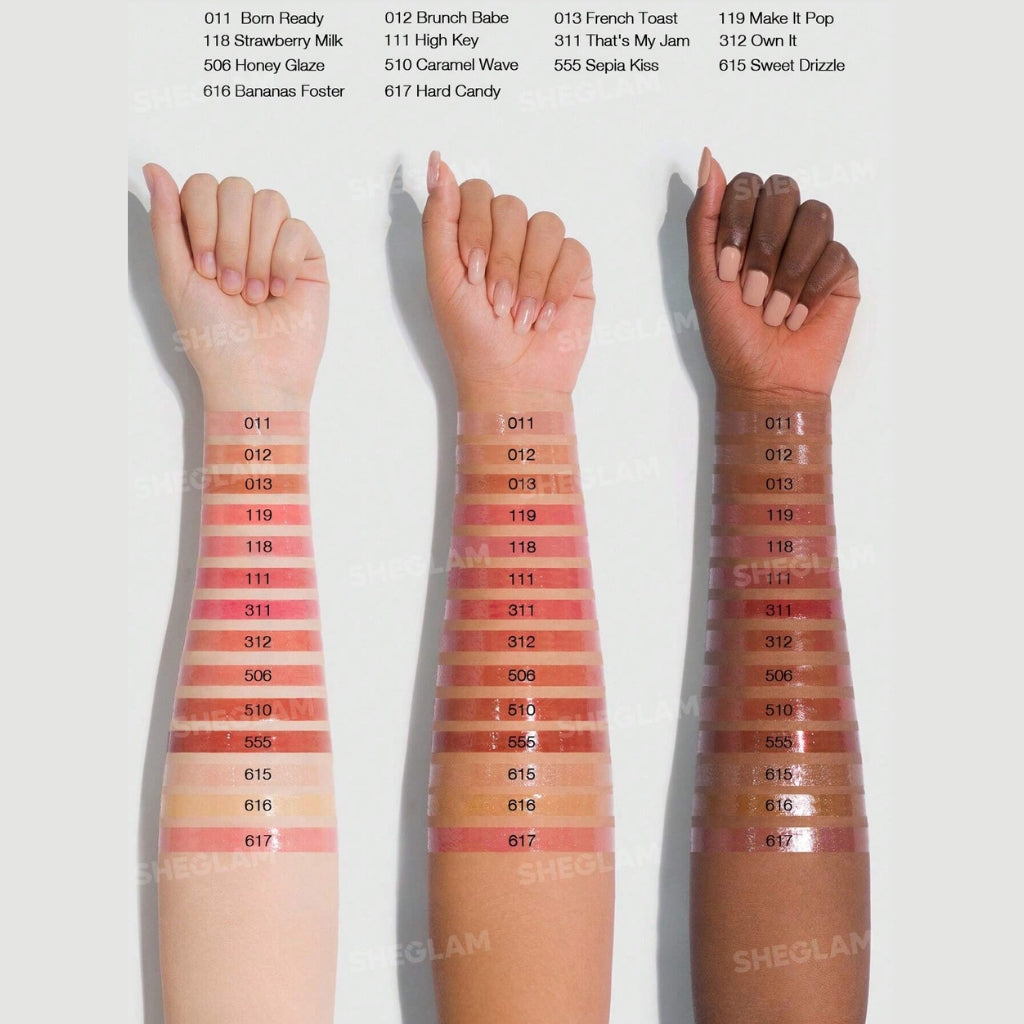 Close-up of SHEGLAM Glass Lock Air Gloss. Transfer-resistant lip gloss with glass-like mirror shine, hydrating water-based texture, and self-sealing film for long-lasting, non-sticky glossy lips.
