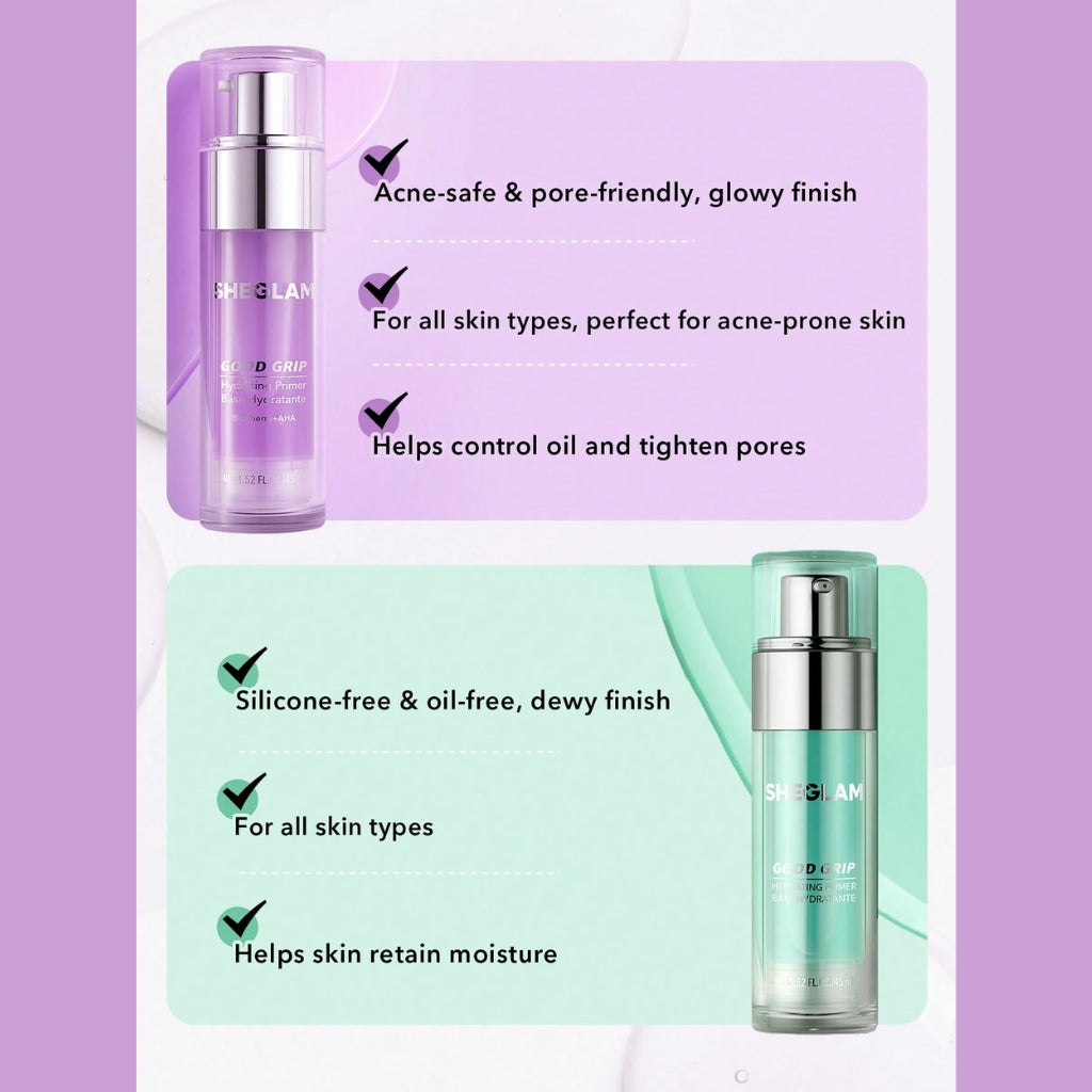 SHEGLAM Good Grip Hydrating Primer Blueberry and AHA silicone-free gel face primer
