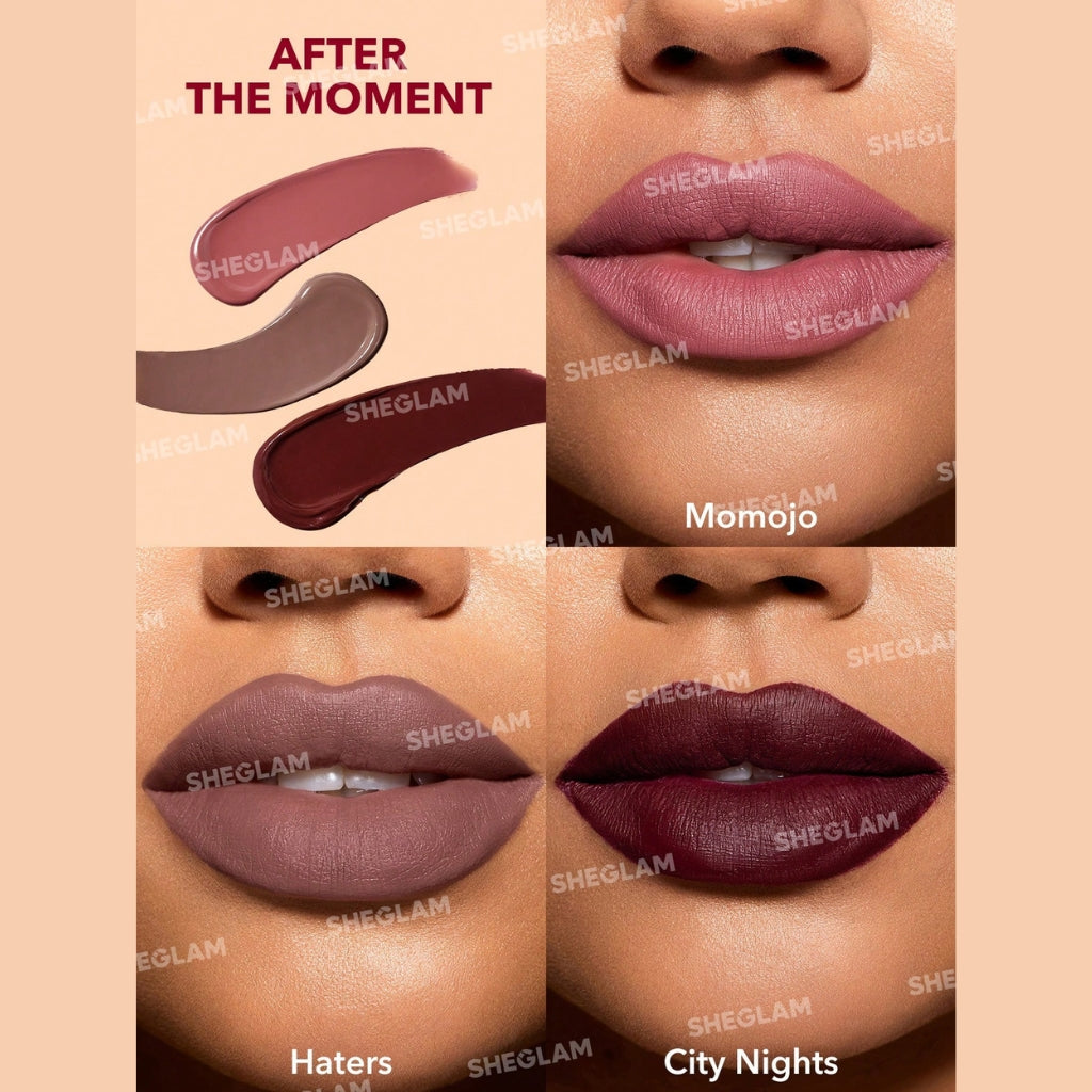 SHEGLAM Matte Allure Mini Liquid Lipstick Set - After The Moment, three mini matte liquid lipsticks in blush and red shades
