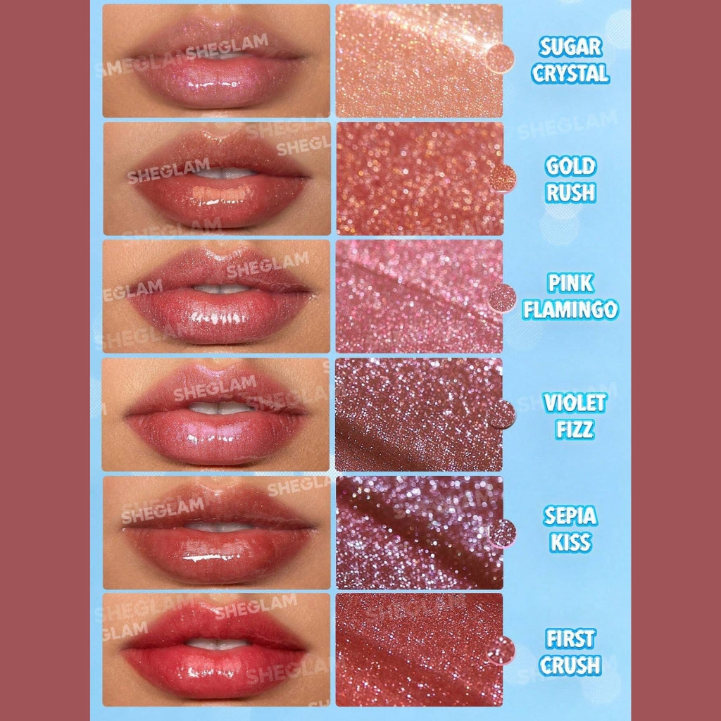 SHEGLAM Pout-Perfect Shimmer Lip Plumper in Violet Fizz, glitter solid lip gloss stick on a clean background.
