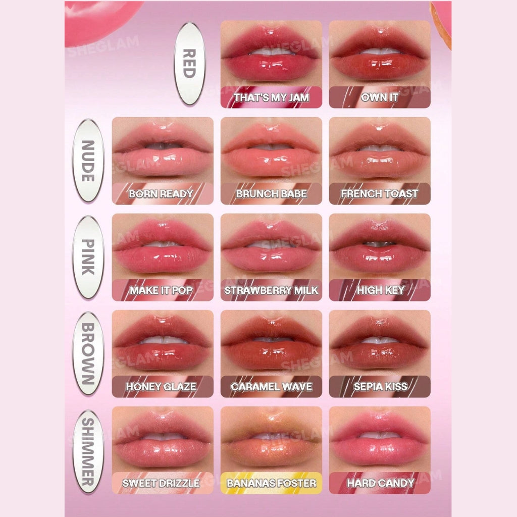 Close-up of SHEGLAM Glass Lock Air Gloss. Transfer-resistant lip gloss with glass-like mirror shine, hydrating water-based texture, and self-sealing film for long-lasting, non-sticky glossy lips.
