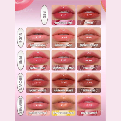 Close-up of SHEGLAM Glass Lock Air Gloss. Transfer-resistant lip gloss with glass-like mirror shine, hydrating water-based texture, and self-sealing film for long-lasting, non-sticky glossy lips.
