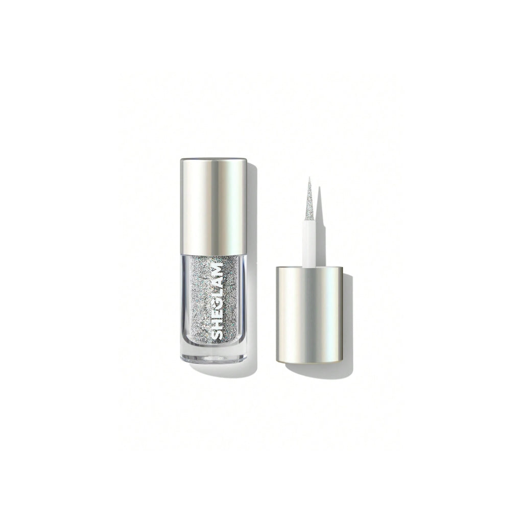 SHEGLAM Insta-Party Glitter Liner in Disco Ball, silver liquid glitter eyeliner with precise silicone tip and long-wearing sparkle finish.
