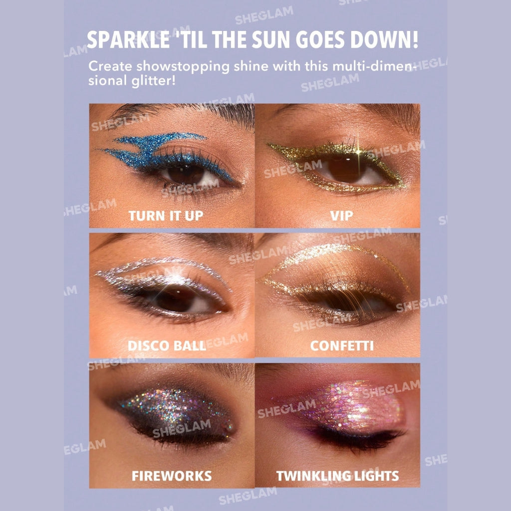 SHEGLAM Insta-Party Glitter Liner Confetti multi-dimensional glitter eyeliner with silicone tip, long-wearing sparkle finish.
