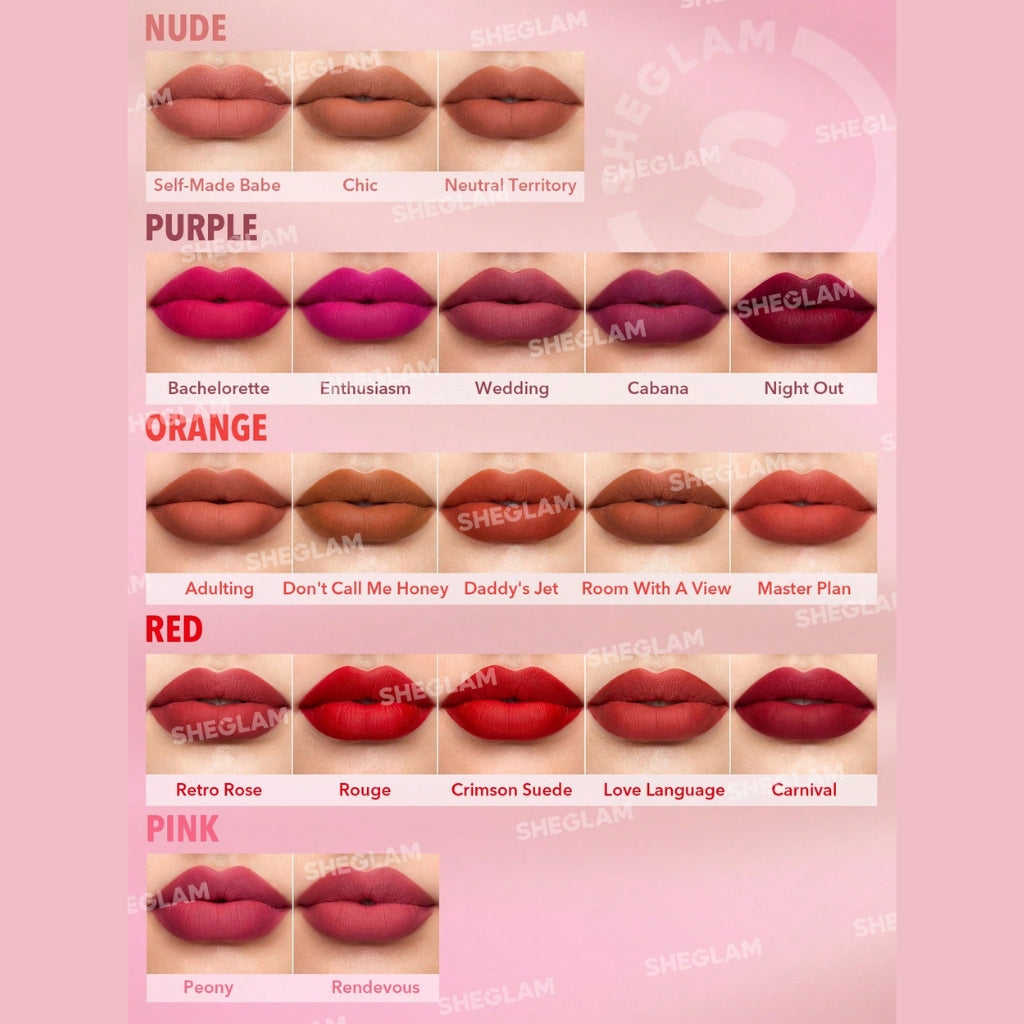 SHEGLAM Matte Allure Lipstick – Crimson Suede, deep crimson-red matte bullet lipstick with a velvety finish on a clean background.
