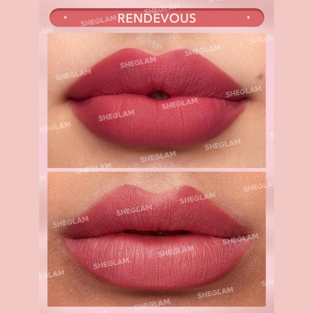 SHEGLAM Matte Allure Lipstick – Rendevous, rosewood romantic rose-red matte bullet lipstick with a velvety finish in a sleek tube on a clean background.
