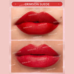 SHEGLAM Matte Allure Lipstick – Crimson Suede, deep crimson-red matte bullet lipstick with a velvety finish on a clean background.
