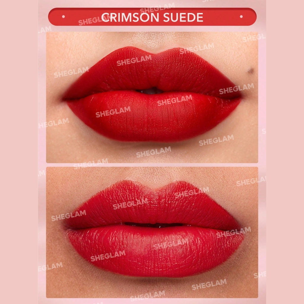 SHEGLAM Matte Allure Lipstick – Crimson Suede, deep crimson-red matte bullet lipstick with a velvety finish on a clean background.
