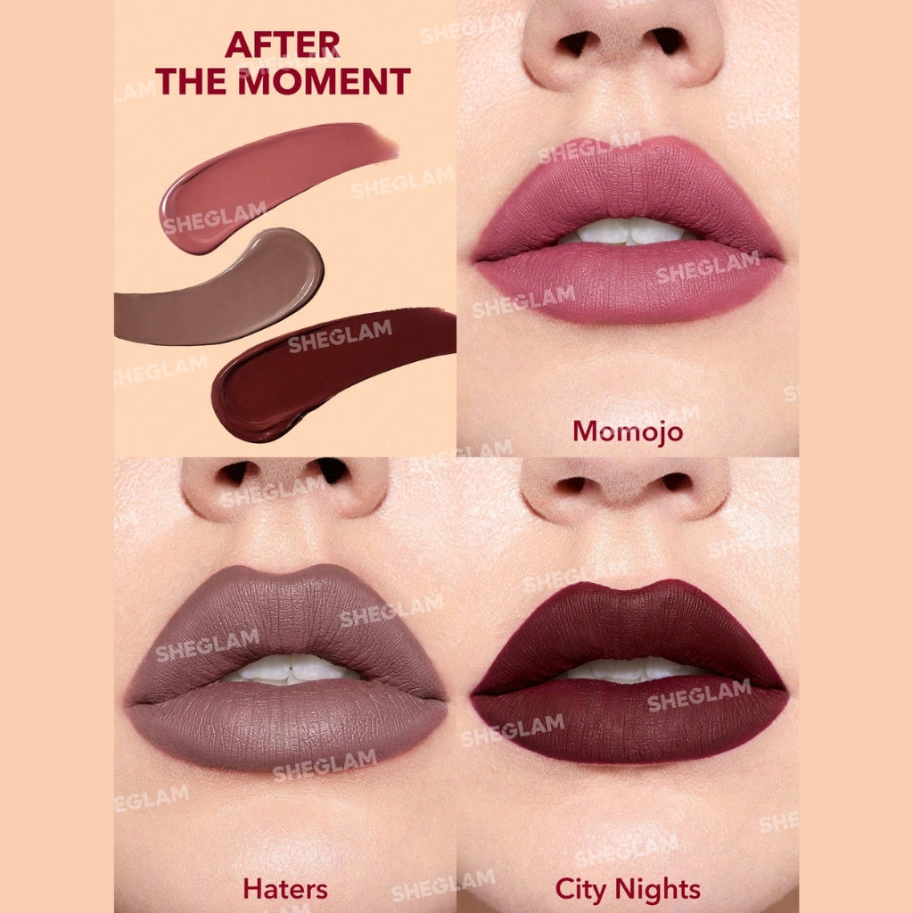 SHEGLAM Matte Allure Mini Liquid Lipstick Set - After The Moment, three mini matte liquid lipsticks in blush and red shades
