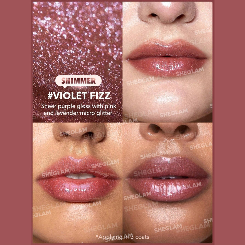 SHEGLAM Pout-Perfect Shimmer Lip Plumper in Violet Fizz, glitter solid lip gloss stick on a clean background.
