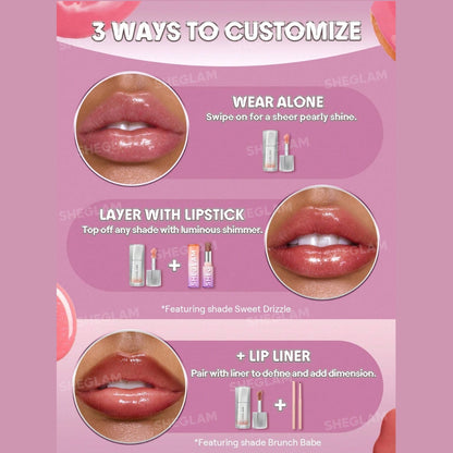 Close-up of SHEGLAM Glass Lock Air Gloss. Transfer-resistant lip gloss with glass-like mirror shine, hydrating water-based texture, and self-sealing film for long-lasting, non-sticky glossy lips.
