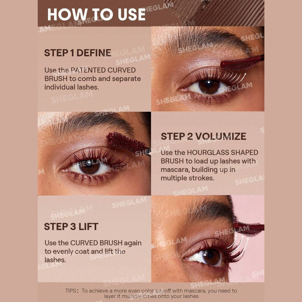 SHEGLAM All-In-One Volume & Length Mascara in Waterproof Macchiato (coffee-brown) with dual-ended brush for buildable volume and length.
