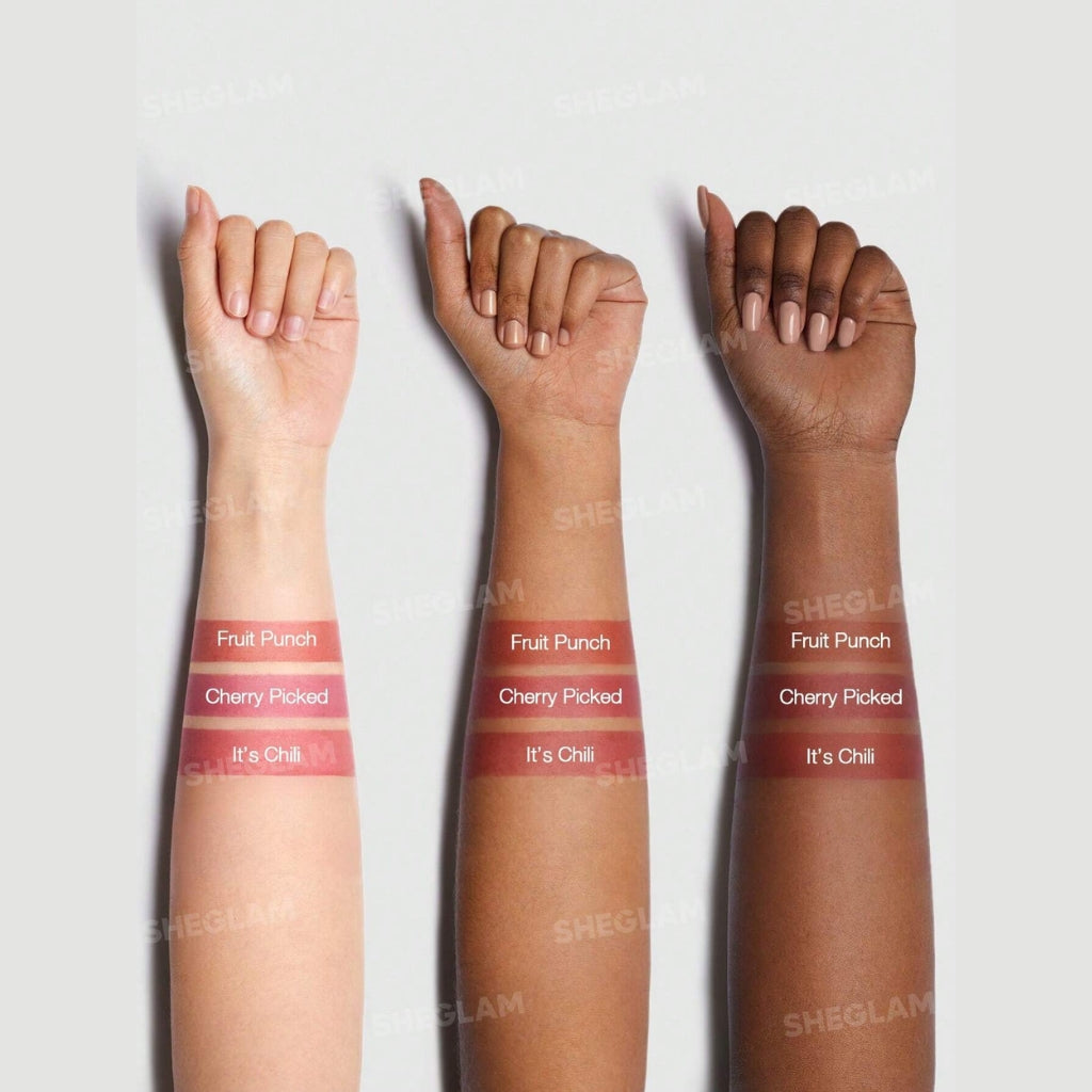 SHEGLAM For The Flush Lip & Cheek Tint, vibrant cherry-pink liquid tint in a sleek tube for lips and cheeks on a clean background.

