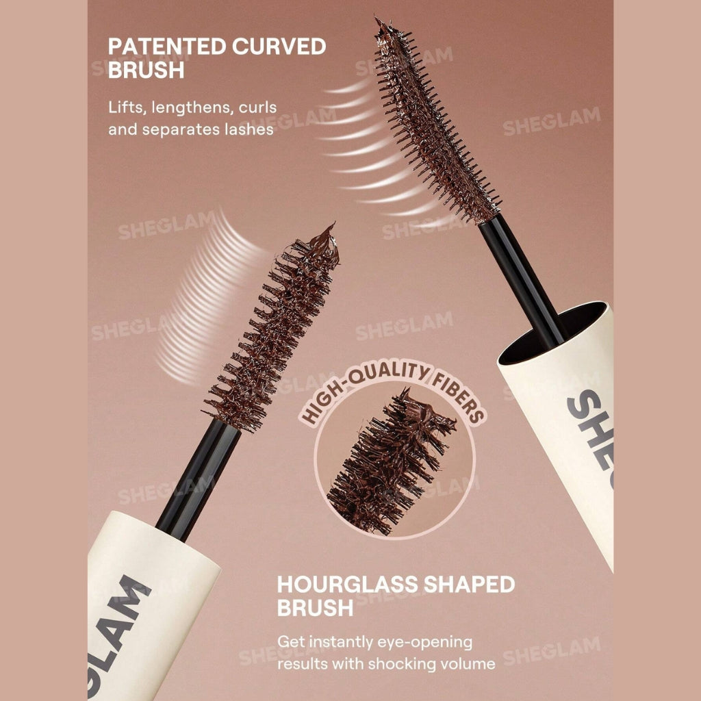 SHEGLAM All-In-One Volume & Length Mascara in Waterproof Macchiato (coffee-brown) with dual-ended brush for buildable volume and length.
