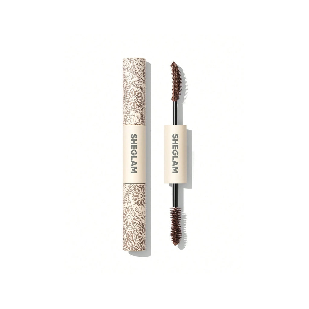 SHEGLAM All-In-One Volume & Length Mascara in Waterproof Macchiato (coffee-brown) with dual-ended brush for buildable volume and length.
