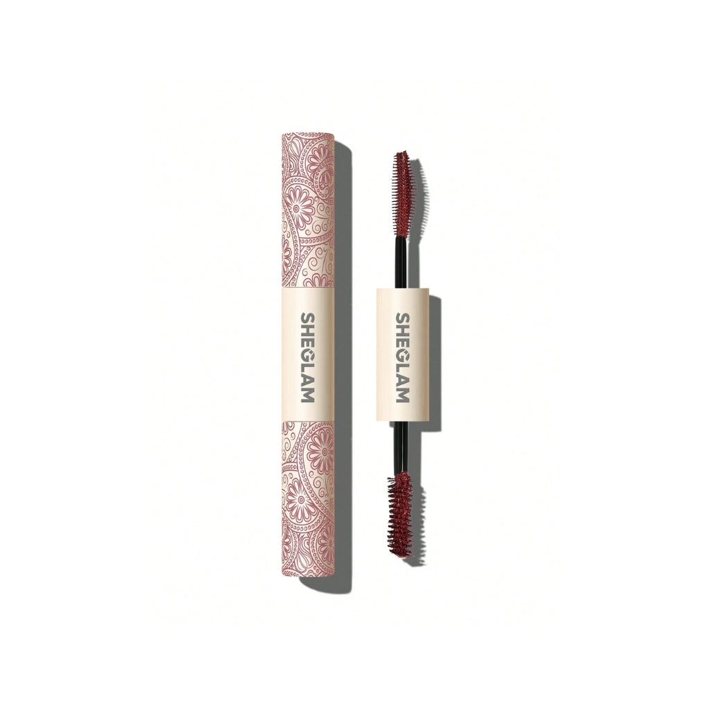 SHEGLAM All-In-One Volume & Length Mascara in Waterproof Burgundy with dual-ended brushes for buildable length and volume.
