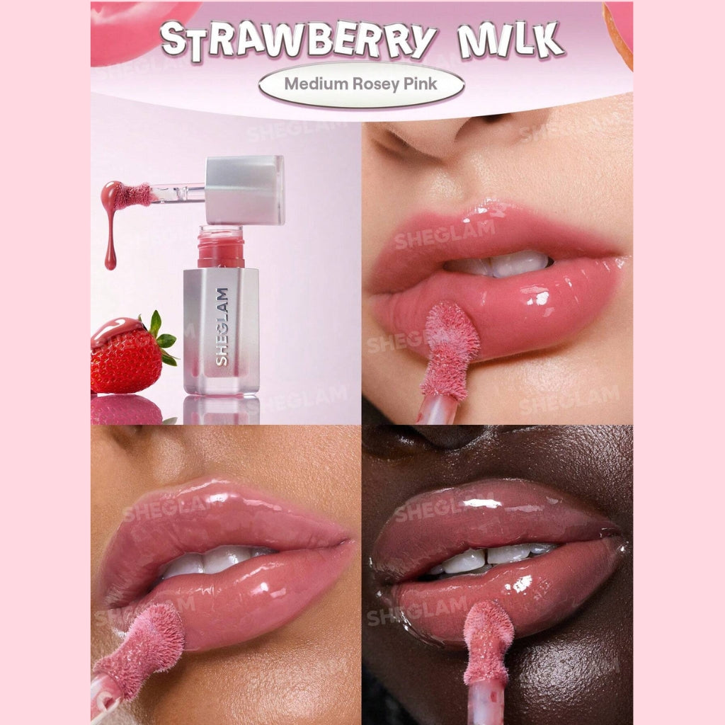 Close-up of SHEGLAM Glass Lock Air Gloss. Transfer-resistant lip gloss with glass-like mirror shine, hydrating water-based texture, and self-sealing film for long-lasting, non-sticky glossy lips.
