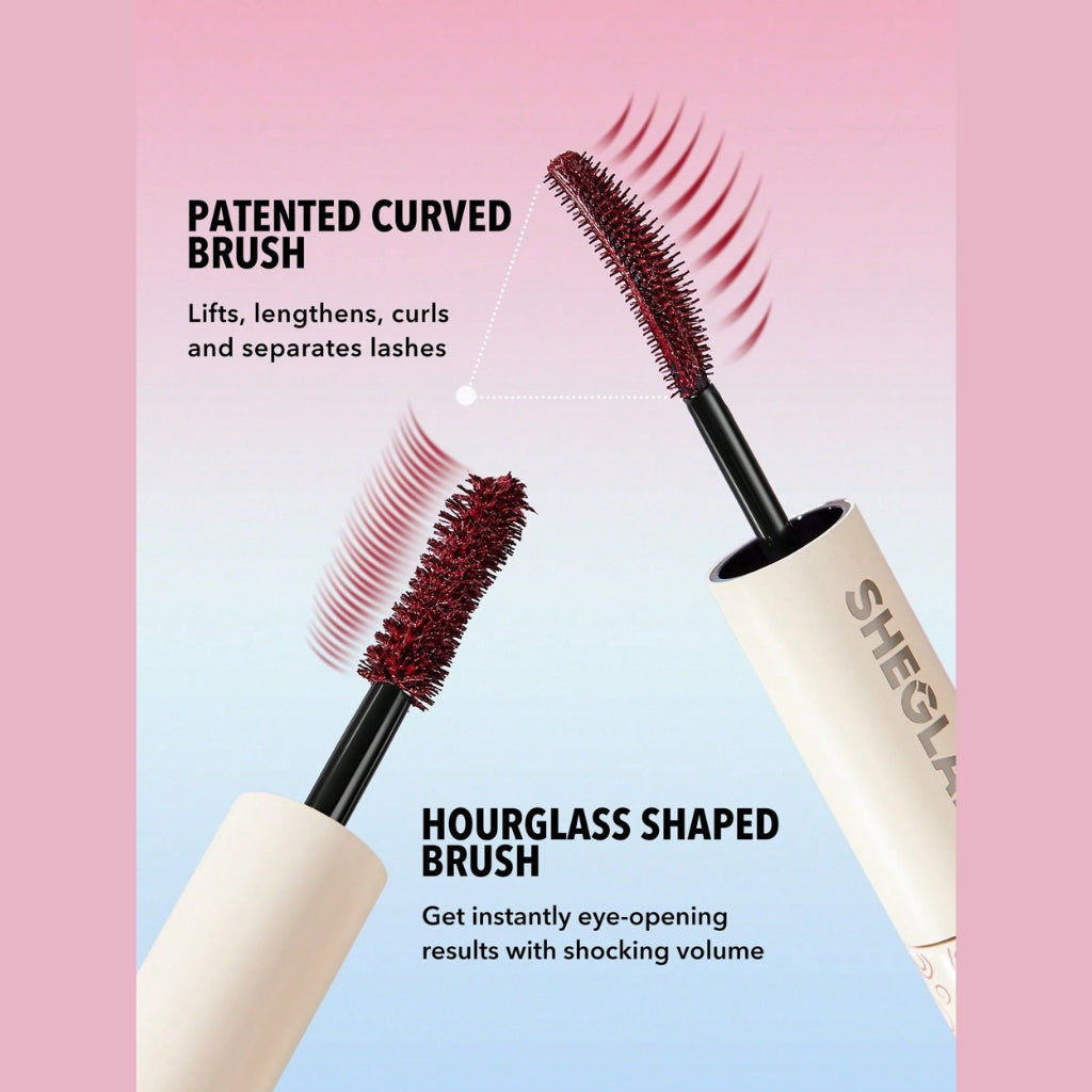 SHEGLAM All-In-One Volume & Length Mascara in Waterproof Burgundy with dual-ended brushes for buildable length and volume.
