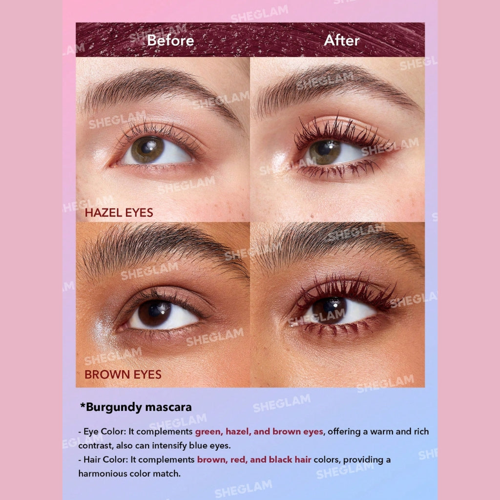 SHEGLAM All-In-One Volume & Length Mascara in Waterproof Burgundy with dual-ended brushes for buildable length and volume.
